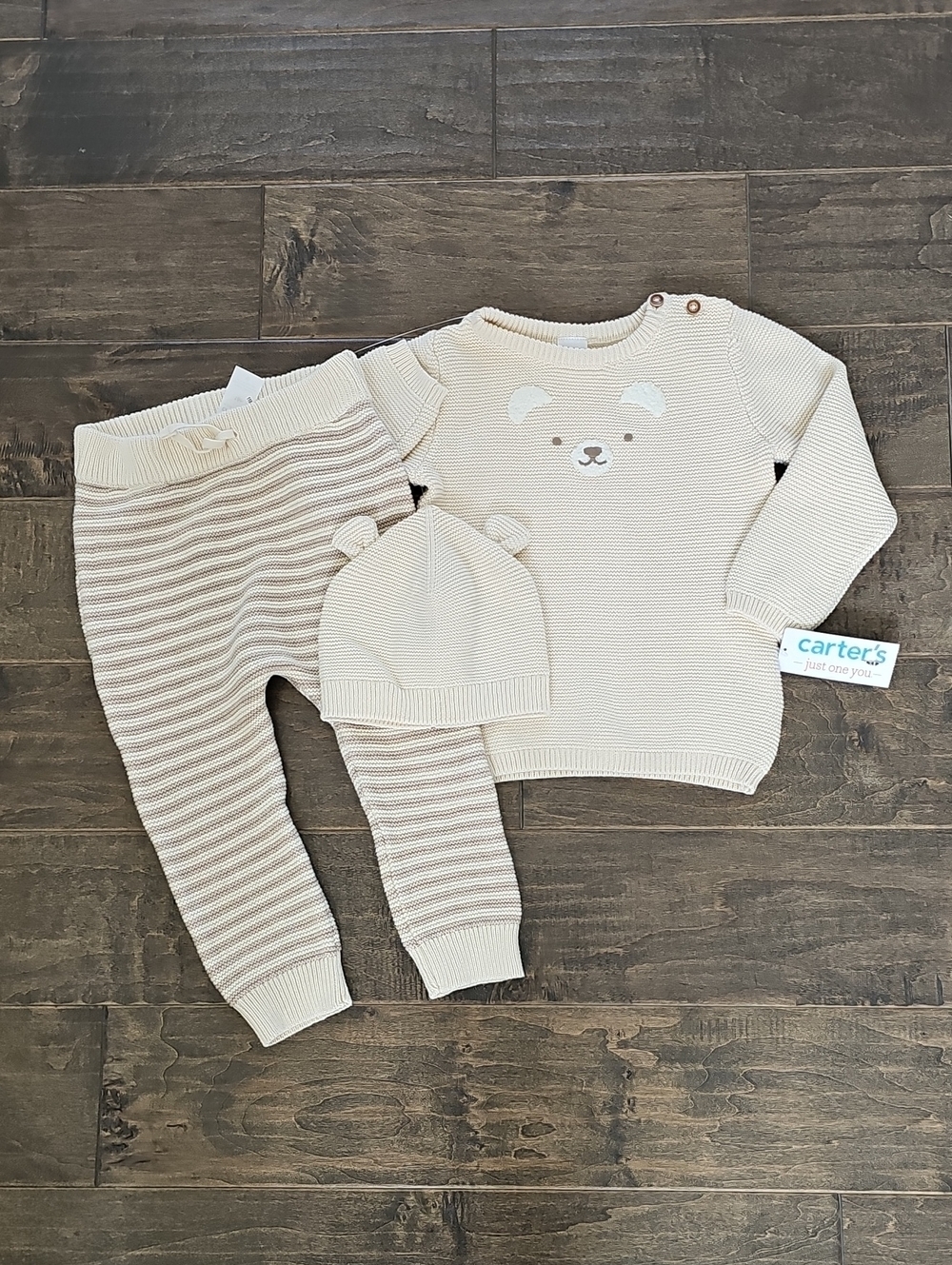 Brand New Carter's Cream Knit Bear Sweater, Striped Pant & Hat Set - Unisex 18mo